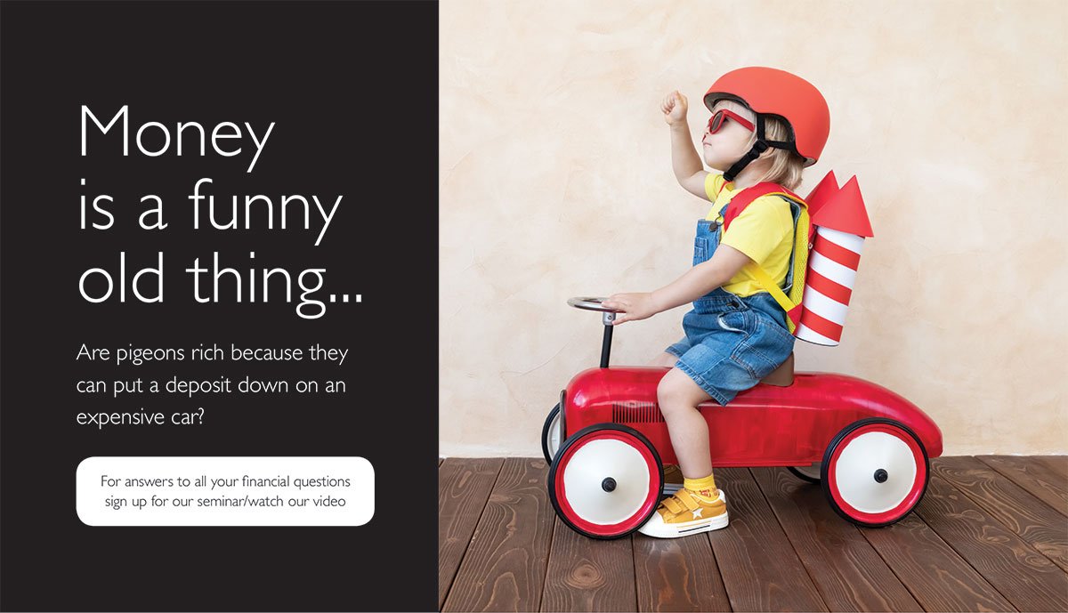 Image of a child sitting on a toy car. He's wearing a helmet and has a fake rocket strapped to his back. Text reads: Money is a funny old thing. Are pigeons rich because they can put a deposit down on an expensive car? Enter our joke competition here.