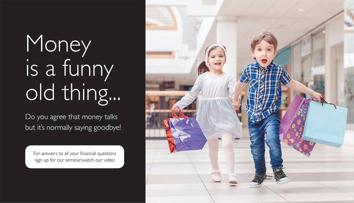 Image of a young boy and girl running through a shopping centre carrying shopping bags. Text reads: Money is a funny old thing. Do you agree that money talks, but it's normally saying goodbye? Enter our joke competition here.