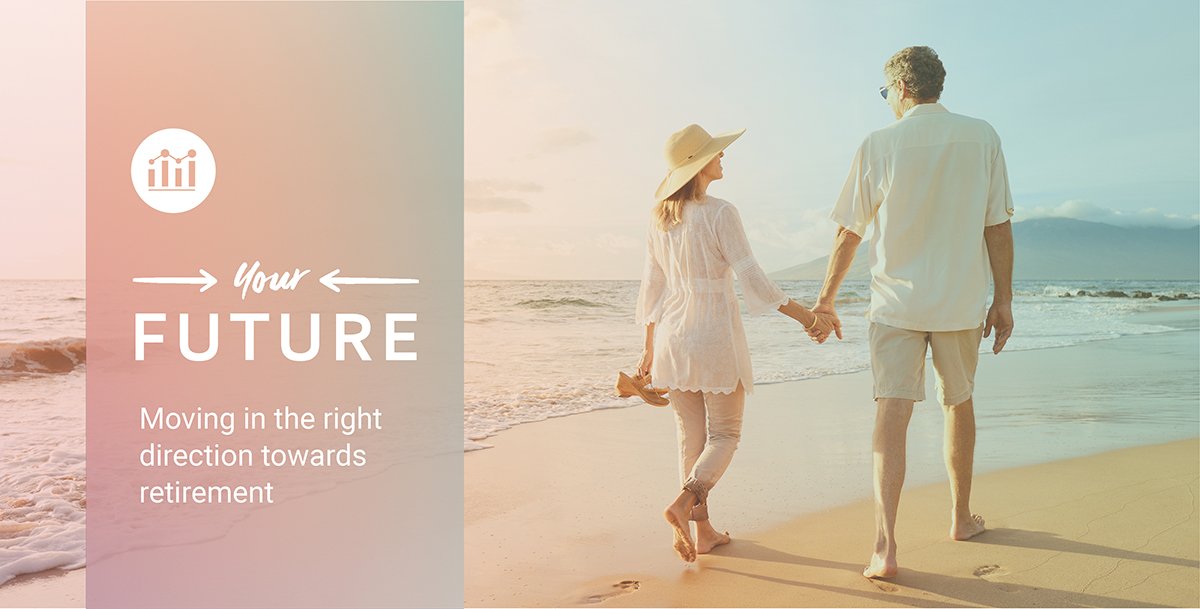 Image shows a couple walking hand in hand down a beautiful beach. Text reads: your future. Moving in the right direction towards retirement.