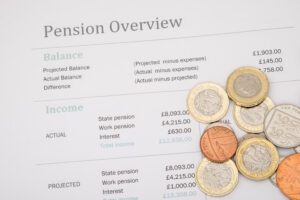 Uk pension review with british money and calculator. State pension based on UK 2017 figures.