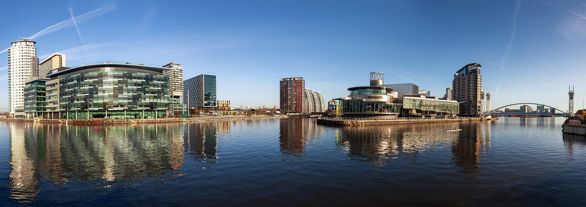 Panoramic view of Salford Quays Manchester, with BBC Manchester, Media City and Lowery theater all together.